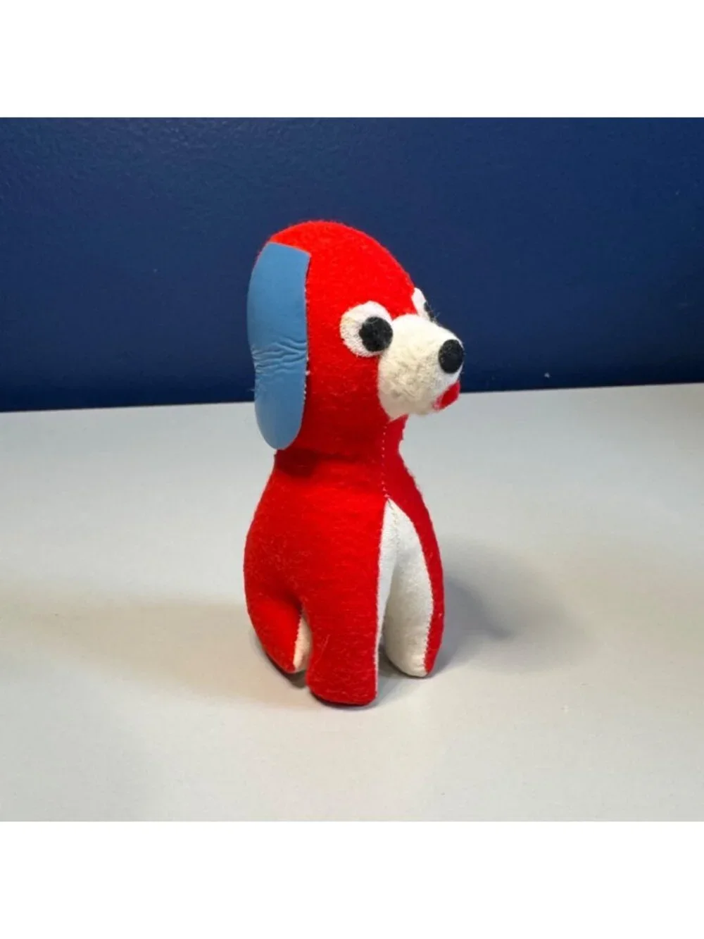 Vintage Red & Blue Felt Dog Plush Toy With Stitched Details And Blue Vinyl Ears